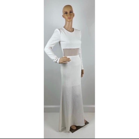 Long Sleeve Mesh  Cutout Women’s White Maxi Dress - Picture 3 of 8